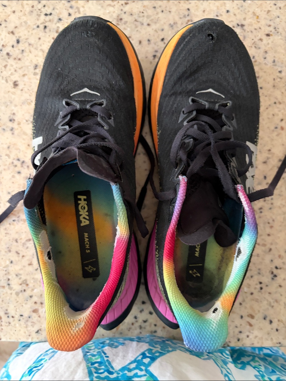 Hoka Black MACH 5 Running Shoes with Rainbow Collar and Orange Midsole